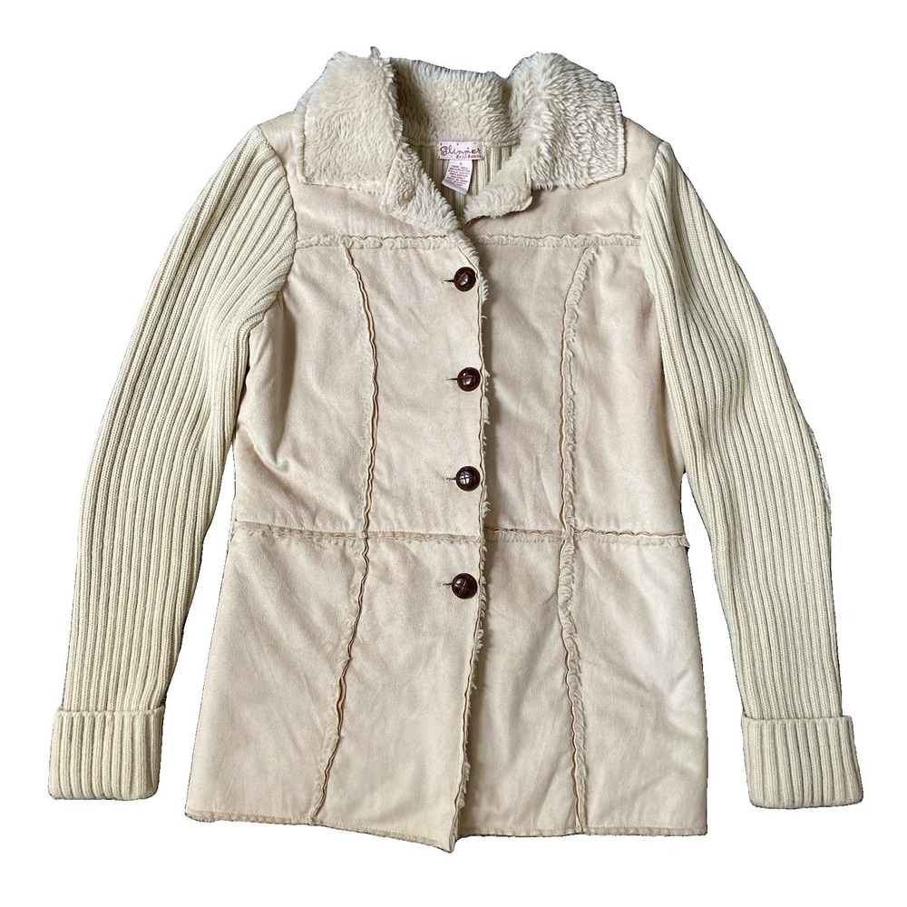 Faux Shearling Suede Knit Jacket Sz S Ivory Button Up Retro Boho Y2K Penny Lane